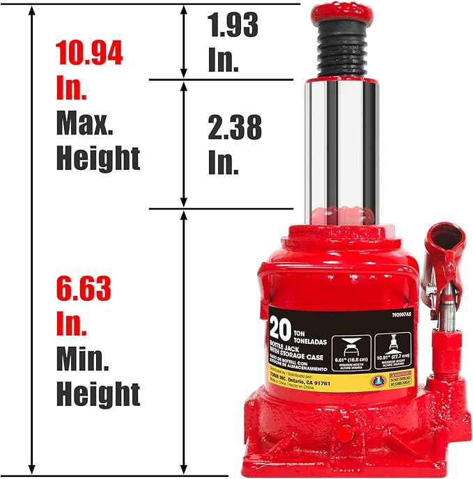 Big Red Hydraulic Bottle Jack with Carrying Case, 20 Ton (40,000 lb) Capacity,T92007S