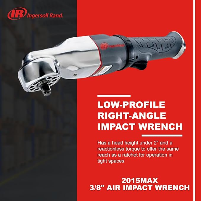Ingersoll Rand 2015MAX 3/8" Pneumatic Air Impact Wrench, Right Angle, Low Profile 2” Hammerhead, 180 ft lbs Max Torque, 7,100 rpm, Two-Position Power Regulator, Gray
