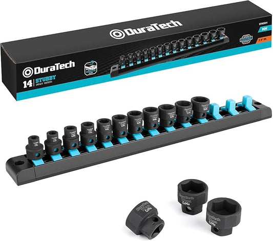 DURATECH 3/8" Drive Stubby Impact Socket Set, 14-Piece, Metric, 6-19mm, Cr-Mo Steel, Organized in Magnetic Storage Rail