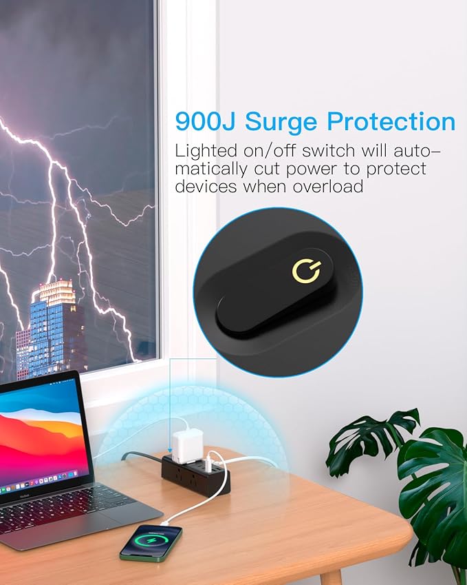 20Ft Extension Cord with Multiple Outlets, Flat Plug Power Strip Surge Protector with 20 Ft Long Cord, 6 Outlet 3 USB Ports (1 USB C), Multi Outlet Wall Plug for Travel, College, Dorm Essentials-Black