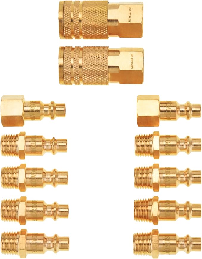 SUNGATOR 12-Piece 1/4'' NPT Air Tool Fittings, Solid Brass Air Line Quick Connect Fittings, 1/4 Inch Compressor Accessories, Brass 1/4'' Coupler and Plug Kit, Quick Connect Hose Repair Kit