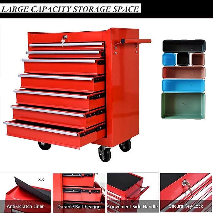 7 Drawer Metal Tool Chest 30 inch,Tool Cart On Wheels with Wheels,Mechanic Tool Cart with Lock and Toolboxes Trays for Garage Tool Storage Cabinet (Red)