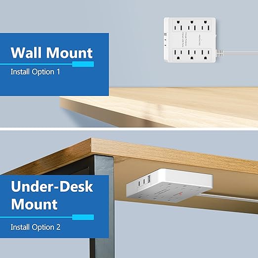 LIDER Outlet Extender with 6 Receptacles, USB Type-A and 2 USB Type-C, Ultra-Thin Flat-Plug with Cord Extender, 6-Outlet Power Strip, Slim Angled Design, Surge Protector, 480 Joules, 5ft Cord, White