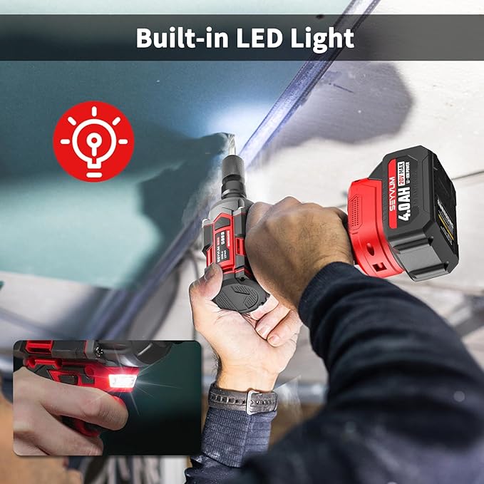 SEYVUM Cordless Impact Wrench, 1/2” Max Torque 440 Ft-lbs / 600 N.m Power Impact Gun, 20V 3000RPM Electric Impact Driver, 2 x 4.0Ah Battery, 5 Impact Sockets, 8 Dirlls & 6 Screws, Carry Bag Included