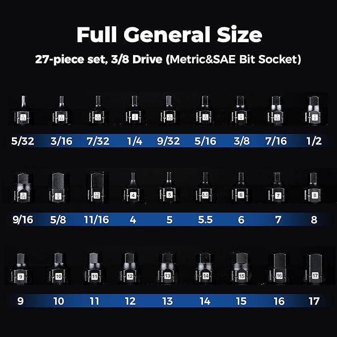 toolant 3/8"drive impact hex bit socket set 27PCS,Hex Drive, SAE/Metric, 5/32"-11/16",4mm-17mm, S2 Steel Air Drive Allen Socket set,Impact Grade