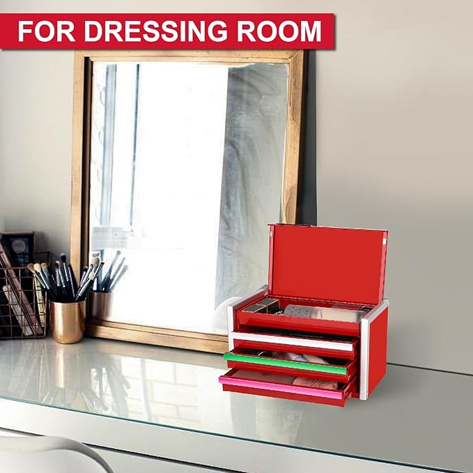 P.I.T. Mini Red Tool Box, Portable 3 Colorful Drawer Steel Tool Box with Magnetic Tab Locking, Red Micro Top Chest with Liner for Tools Storage, Home DIY