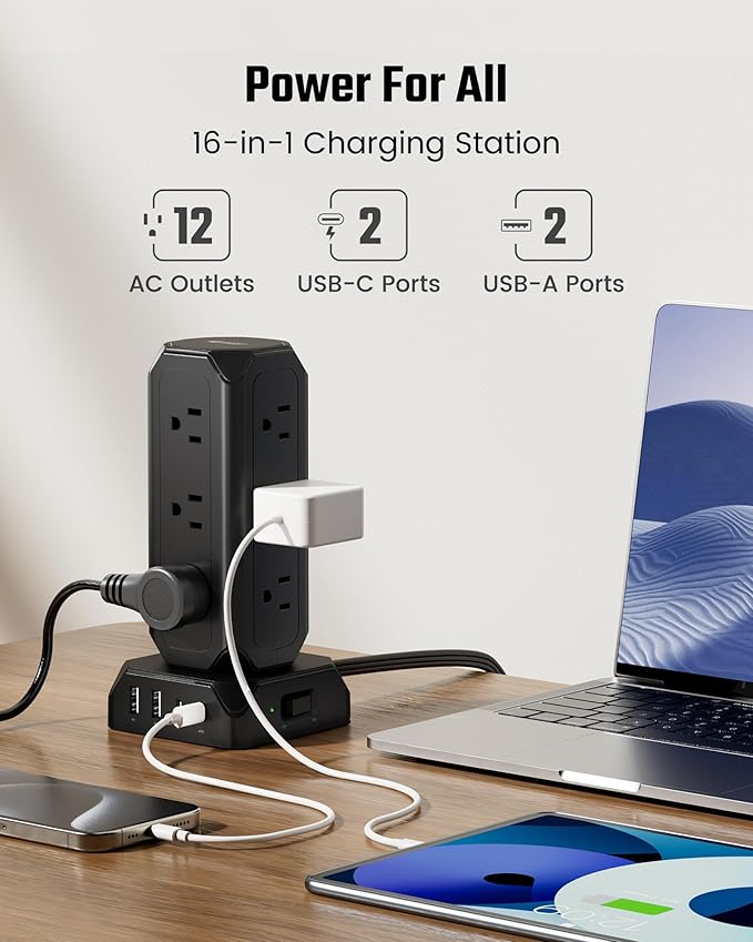Black Power Strip Tower, SUPERDANNY 12 Outlets with 35W USB(2 USB-A & 2 USB-C) Charging Station, 1625W/13A, 1700J Surge Protector, 6.5ft Flat Plug Extension Cord with Multiple Outlets for Home, Office