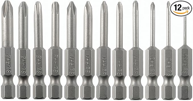 Phillips Cross Slot Screwdriver Bit Set 12PCS 1/4 Inch Hex Shank 2 Inch/50 mm Length S2 Steel with Magnetic for Power Screwdriver Drill Impact Driver