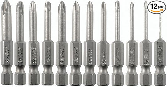 Phillips Cross Slot Screwdriver Bit Set 12PCS 1/4 Inch Hex Shank 2 Inch/50 mm Length S2 Steel with Magnetic for Power Screwdriver Drill Impact Driver