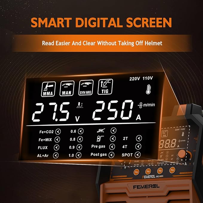 250A MIG Welder,6 in 1 Gas MIG/Gasless Flux Core/Stick/Lift TIG/Spot Welding/Spool Gun Compatible Aluminum Welding Machine Large LED Display 110V/220V Multi Process Welder
