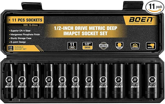 BOEN 1/2" Drive Deep Impact Socket Set, 11 Pieces Socket Set Metric 10-24mm, 6 Point Design, Cr-V Steel, Laser Marking, Durable Storage Case, Meets ANSI Standards