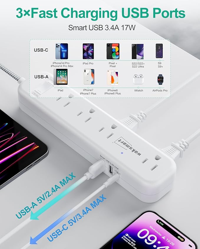 Surge Protector Power Strip - 5 FT Flat Extension Cord with Multiple Outlets Ultra Thin Flat Plug, 8 AC Outlets 3 USB Fast Charging (5V/3.4A 17W) 1080 Joules Wall Mount for Home Office College Dorm