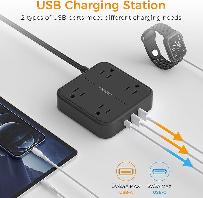 Black Flat Extension Cord 10 FT, TESSAN Power Strip 10 Feet with 4 Widely Outlets 3 USB Wall Charger (1 USB C), Ultra Thin Long Extension Cord Mountable for Indoor, Office, Dorm Essentials