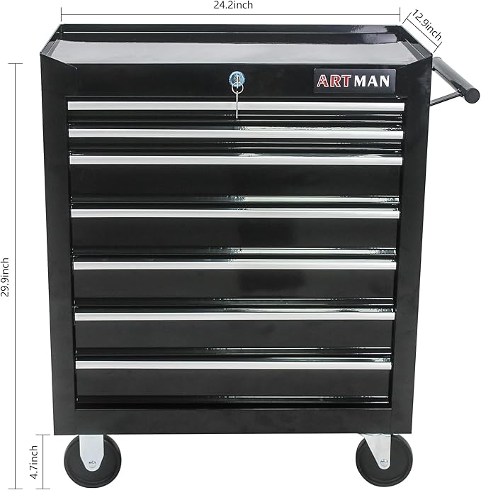 Rolling Tool Chest Metal Tool Box with Wheels Tool Cabinet Craftsman Tool Cart on Wheels Tool Box Portable Tool Box with Wheels 7 Drawers Multifunctional Tool Cart with Wheels, Black