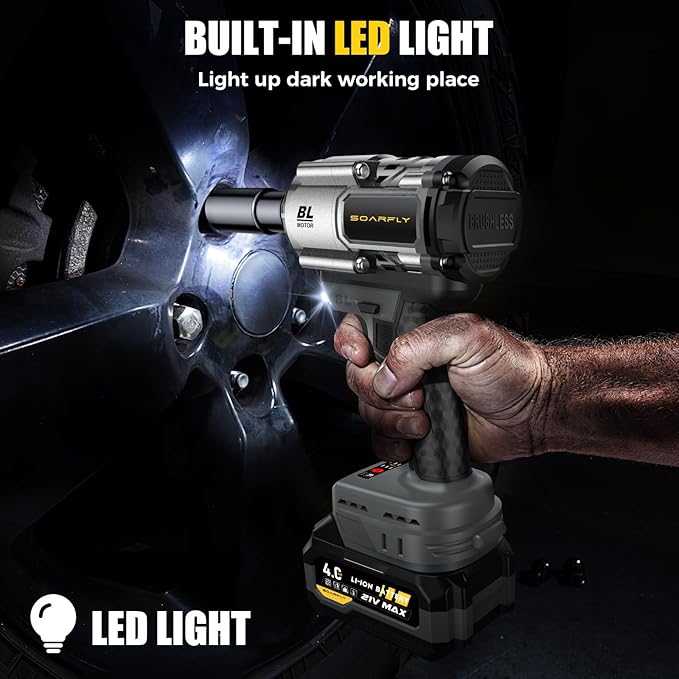 Cordless Impact Wrench, 1200Nm(900ft-lbs) High Torque 1/2'' Impact Wrench, 21V Brushless Electric Impact Gun with 2Pcs 4.0Ah Batteries, 1 Hour Fast Charger, 5 Sockets, Power Impact Driver for Car Home