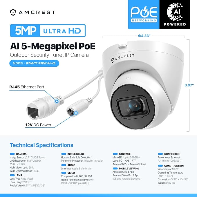 Amcrest 2-Pack 5MP UltraHD Outdoor Security IP Turret PoE Camera with Mic/Audio, 5-Megapixel, 98ft NightVision, 132° FOV, IP67 Weatherproof, MicroSD Recording (256GB), 2PACK-IP5M-T1179EW-AI-V3 White