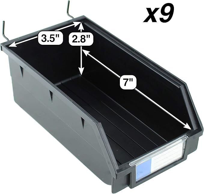 Pegboard Bins – 9 Pack Black Extra Large - Hooks to Any Peg Board - Organize Hardware, Accessories, Attachments, Workbench, Garage Storage, Craft Room, Tool Shed, Hobby Supplies, Parts