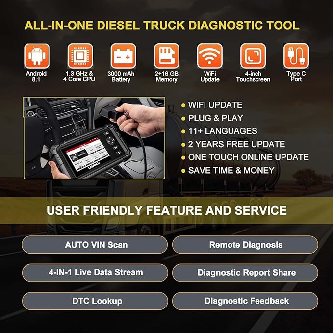 Launch CRP129 HD Heavy Duty Truck Scanner, Car Diagnostic Scanner for Commercial Vehicles, Full Sysem Diagnostic Tool, 7+ Services, Power Balance Test, Full OBD2/HD OBD/EOBD, 51+ Brands