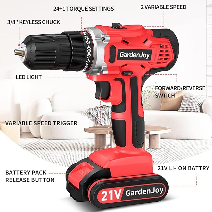 Cordless Power Drill Set: 21V Electric Drill Driver Kit with Battery and Fast Charger, 2 Variable Speed Control, 3/8-Inch Keyless Chuck and 24+1 Torque Setting with led light for metal surfaces,wood