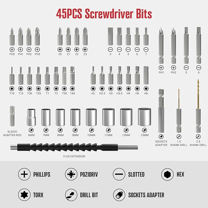 POPULO 4V Electric Screwdriver Kit,6 Torque Settings, Power Screw Driver Cordless Rechargeable with LED Work Light, 32 pieces Screwdriver Bits, 8 Sockets, Flex Hex Shaft, Bit Holders and Storage Box