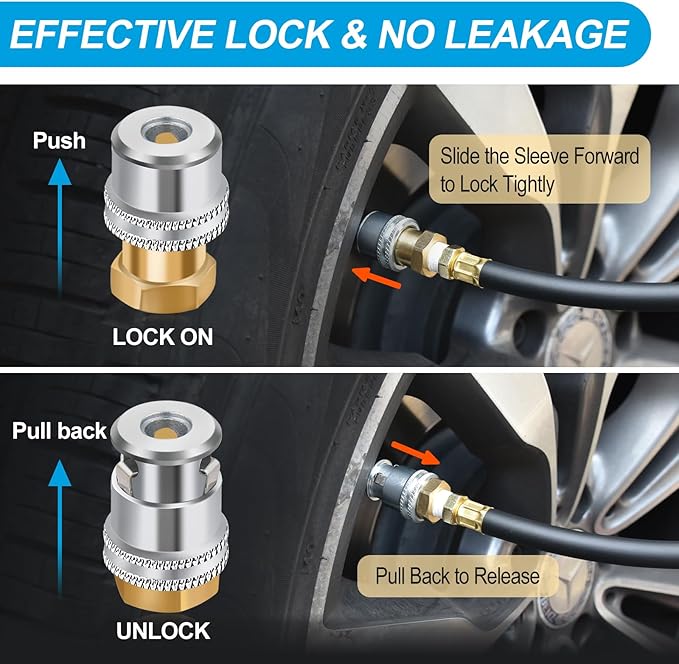 Air Chuck,1/4 FNPT Closed Flow Brass Tire Air Chuck, Locking Air Chuck Quick Connect for Inflator Gauge Compressor Accessories (2 Pack)
