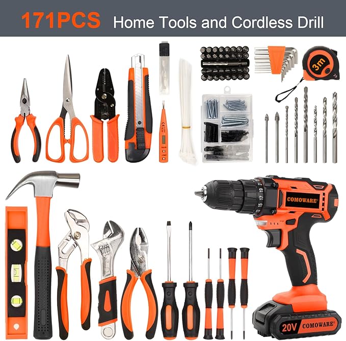 COMOWARE Home Tool Kit with Drill, 171PCS Household Tool Kit with 20V Cordless Power Drill, Home Repairing Tool Power Drill Sets with Orange Storage bag for DIY Home Maintenance