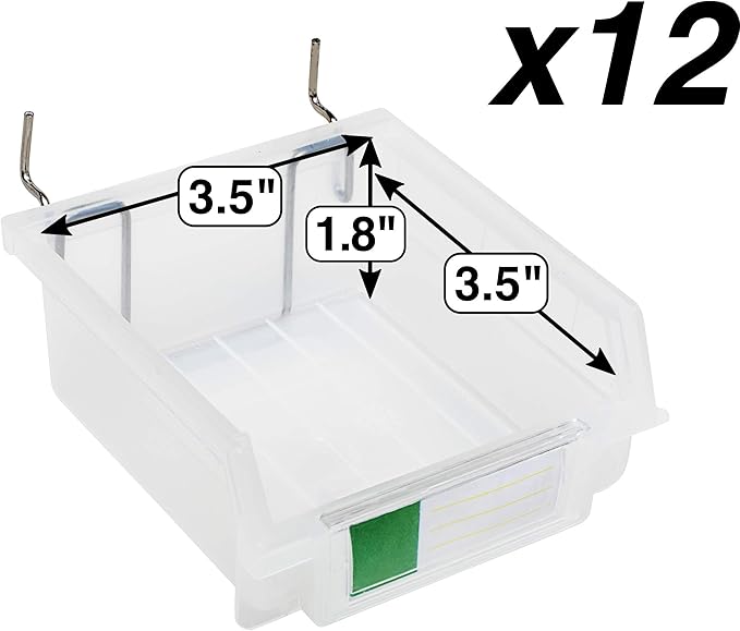 Pegboard Bins - 12 Pack Clear - Hooks to Any Peg Board - Organize Hardware, Accessories, Attachments, Workbench, Garage Storage, Craft Room, Tool Shed, Hobby Supplies, Small Parts