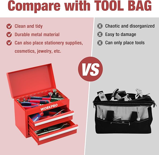 WORKPRO Mini Metal Tool Box with 2 Drawers and Top Storage, Small Tool Chest with PVC Liners and PP Feet Pads, Cold Rolled Steel Toolbox with Magnetic Tab