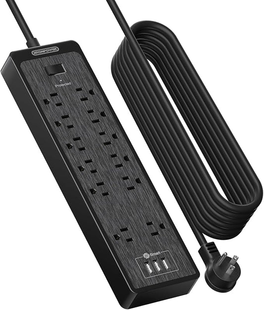 Flat Plug Extension Cord 25 Ft, NTONPOWER Surge Protector Power Strip with 12 Outlets(2 Widely Space) 3 USB, Overload Protection Switch, 2100 Joules, Wall Mount for Home Office and Workbench, Black