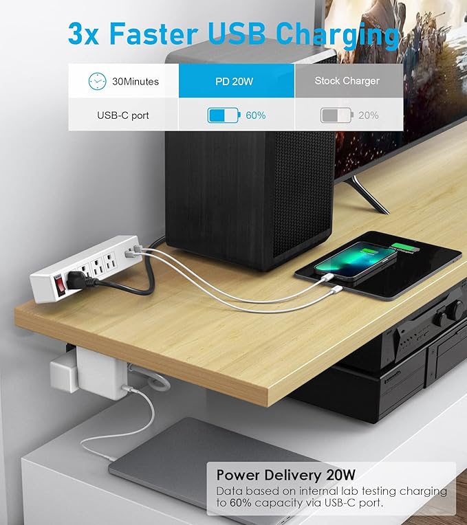 Desk Clamp Power Strip with PD20W USB-C, VILONG 2 in 1 Dual Layer Under Desk Power Strip, Removable Clamp Power Socket with 10AC Outlets & Switch, 10ft Extension Cord