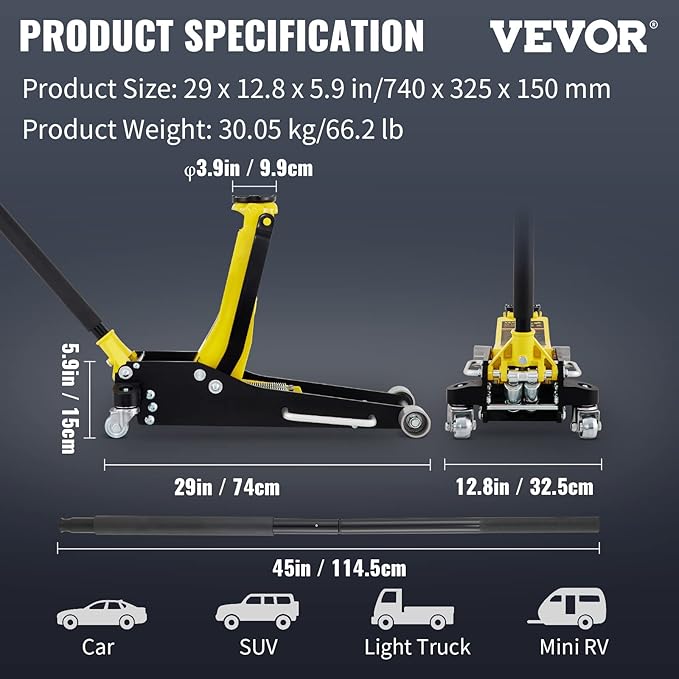 VEVOR 3 Ton Low Profile , Aluminum and Steel Racing Floor Jack with Dual Pistons Quick Lift Pump for Sport Utility Vehicle, Lifting Range 3-6/11"-19-11/16", yellow,black