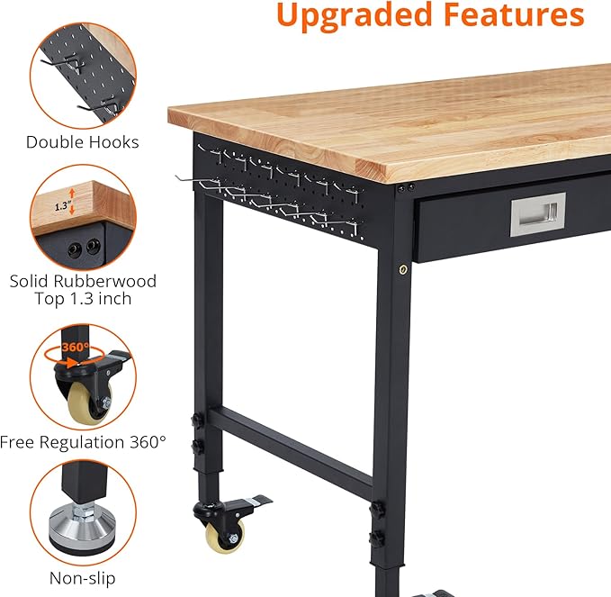 48" Adjustable Workbench, Heavy Duty Workstation with Drawer Storage, 2000LB Load Capacity, Rubber Wood Shop Table Workstation with Power Outlets & Rolling Wheels, Workbench for Workshop Garage