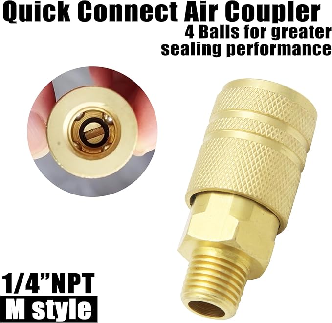 Air Hose Fittings Brass Industrial Coupler 1/4-inch NPT Male Thread Compressor Quick Connect Fittings For Professional Jobsites and Automotive Shops I/M Style 10 Piece