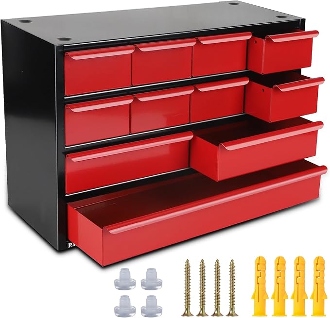 P.I.T. Organiser Stackable 11 Drawer, Metal Tool Chest, Steel Tool Box with 4 Sets of Expansion Screws for Wall Mounting.Cabinet for Tool, Screw, Nuts, Bolts Organizers and Storage