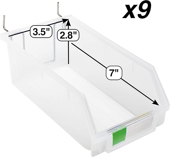 Pegboard Bins – 9 Pack Clear Extra Large - Hooks to Any Peg Board - Organize Hardware, Accessories, Attachments, Workbench, Garage Storage, Craft Room, Tool Shed, Hobby Supplies, Parts
