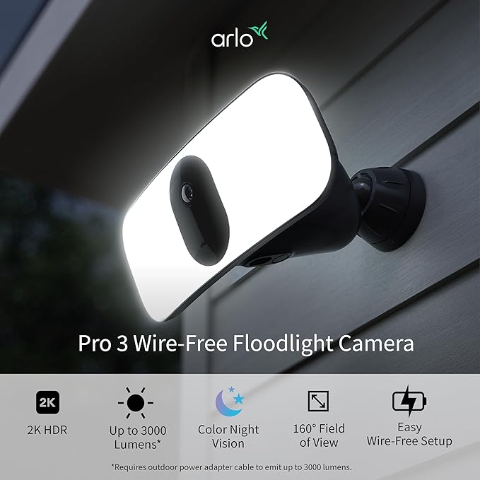Arlo Pro 3 Floodlight Camera - Wireless Security Camera with LED Floodlight, Color Night Vision, Motion Sensor, 2-Way Audio & 2K Resolution with HDR - Black