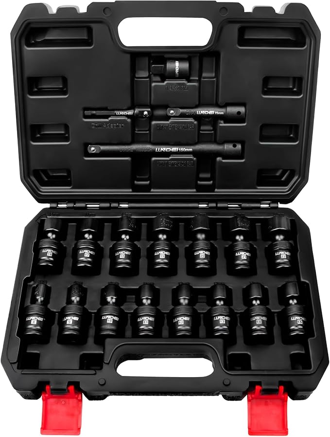 LLNDEI 3/8" Drive Universal Impact Socket Set, 19 Pieces CR-MO Swivel Socket Set, Metric(8-22mm) Wobble Sockets 6 Point with Extension Bars, Adapter and Black Organizer