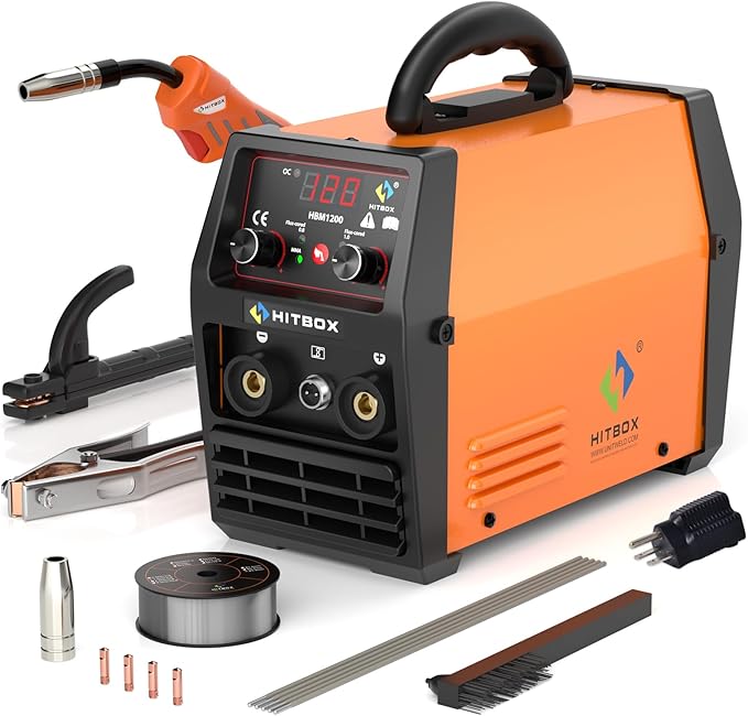 HITBOX 145A MIG Welder Gasless, 110V/220V Dual Voltage Flux Core Welder Flux MIG/Lift TIG/Stick 3 In 1 Synergy MIG Welding Machine With Torch Clamp and 0.8mm Flux Wire (HBM1200)