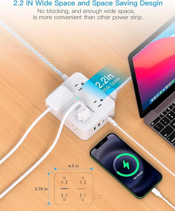 Extension Cord 20 Ft, Power Strip Surge Protector with 8 Outlets 4 USB Ports(2 USB C), Long Cord, Flat Plug, Wall Mount, Desk USB Charging Station for Home Office Essentials