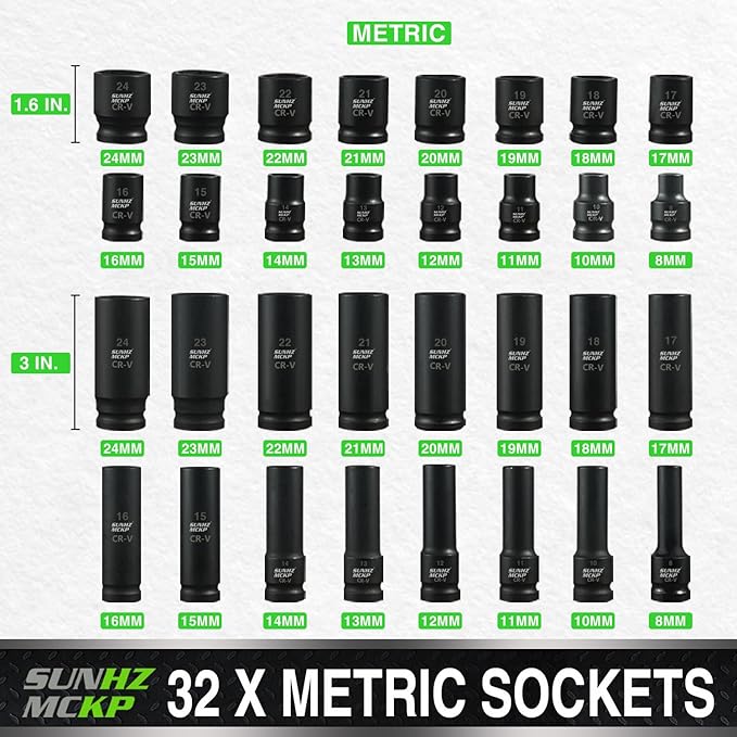 SUNHZMCKP 1/2" Drive Impact Socket Set, 66 Piece Standard SAE (3/8"-1-1/4") & Metric (8-24mm), 6 Point Shallow/Deep Socket Kit with Ratchet Handle, Drive Extension Bar, Impact Universal Joint, Cr-V