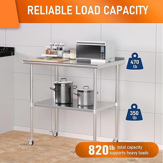 Stainless Steel Prep & Work Table with Adjustable Shelf, with Backsplash and Wheels, Kitchen Island, Commercial Workstations, Utility Table in Kitchen Garage Laundry Room Outdoor BBQ, 30" X 36"