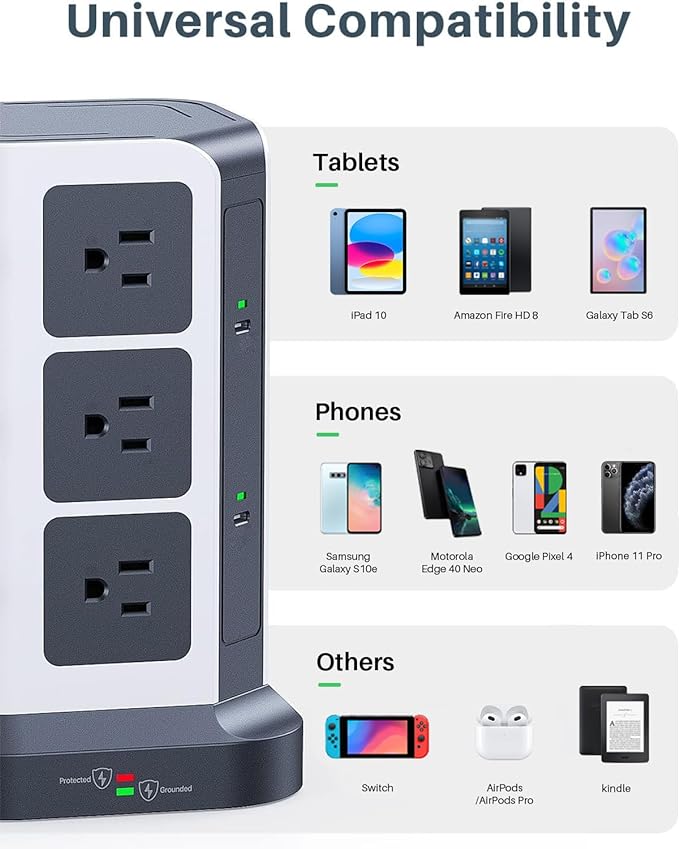 KOOSLA Power Strip Tower with 2 USB C, 1500J Surge Protector with 12 Outlets& 5 USB(1875W/15A), 16.4 ft Extension Cord with Multiple Outlets, Office Desk Supplies, Dorm Room Essentials, Gray