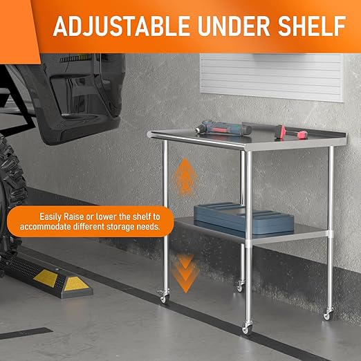 Stainless Steel Prep & Work Table with Adjustable Shelf, with Backsplash and Wheels, Kitchen Island, Commercial Workstations, Utility Table in Kitchen Garage Laundry Room Outdoor BBQ, 30" X 36"