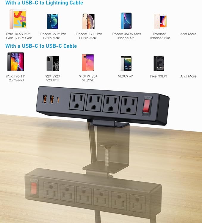 Desk Clamp Power Strip with PD20W USB-C, VILONG 2 in 1 Dual Layer Under Desk Power Strip, Removable Clamp Power Socket with 10AC Outlets & Switch, 6ft Extension Cord