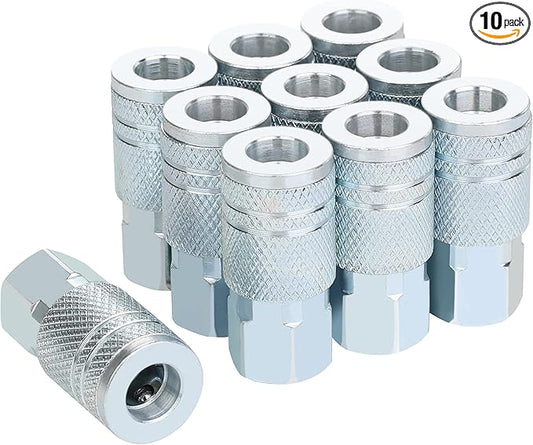 1/4 Air Hose Fittings, Industrial M-Type Coupler, 1/4 Inch Flow Size, 1/4 Inch Female Threads Size, Steel Material, 300PSI, 10 Pieces Air Compressor Accessories Set