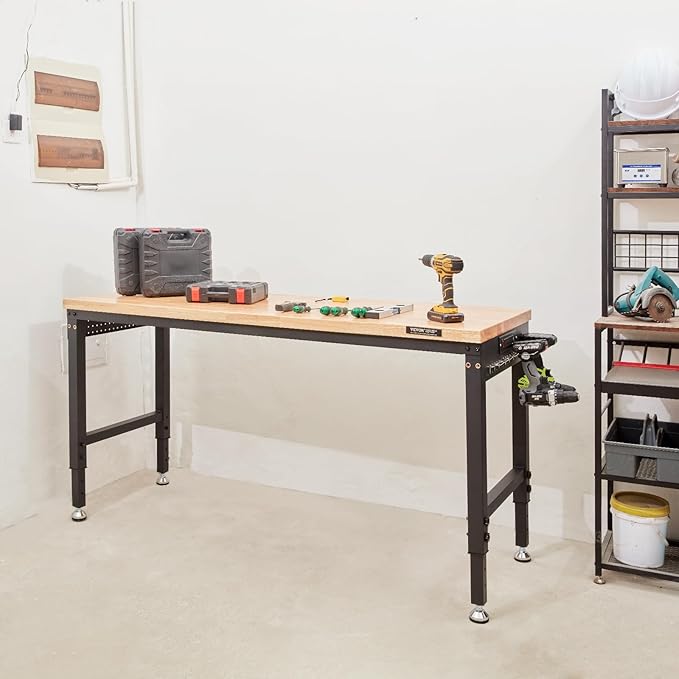 VEVOR Adjustable Workbench, 60" L x 22" W, 28"-39.5" Heights, 2000 lbs Load Capacity, Garage Worktable with Universal Wheels, Power Outlets & Hardwood Top & Storage & Foot Pads, for Office & Home