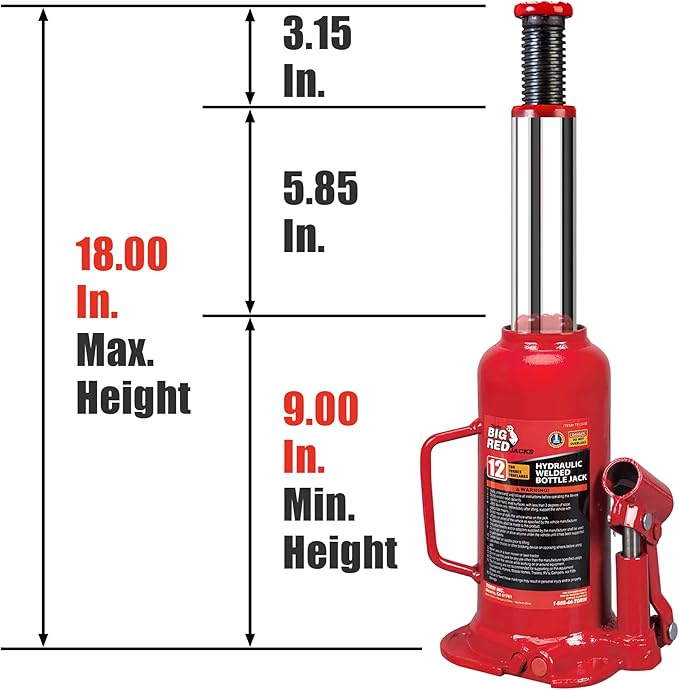BIG RED T91203B Torin Hydraulic Welded Bottle Jack, 12 Ton (24,000 lb) Capacity, Red