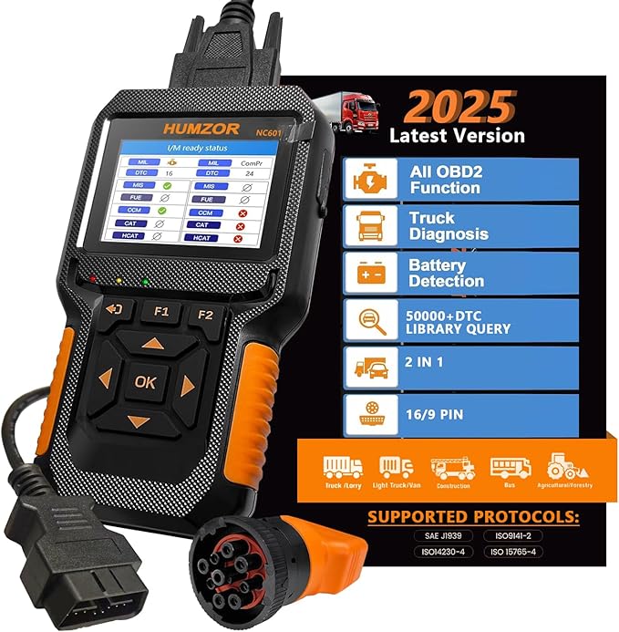 Heavy Duty Truck Scanner, NC601 Full System Diesel Diagnostic Scan Tool for Cummings, Detroit, Freighter, International, Paccar Check Truck Engine and Car 2 in 1 Code Reader/OBD2 Scanner