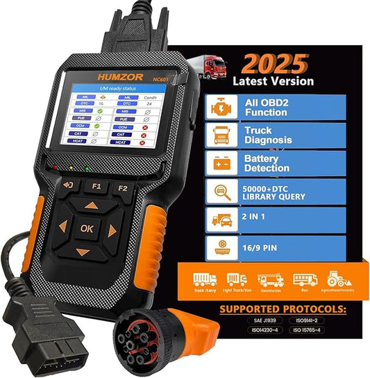Heavy Duty Truck Scanner, NC601 Full System Diesel Diagnostic Scan Tool for Cummings, Detroit, Freighter, International, Paccar Check Truck Engine and Car 2 in 1 Code Reader/OBD2 Scanner