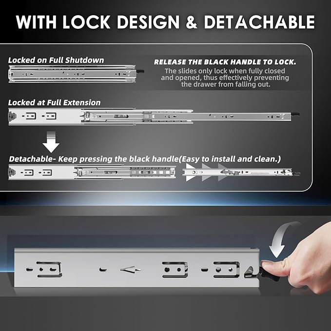 AOLISHENG 1 Pair Heavy Duty Drawer Slides with Lock 12 14 16 18 20 22 24 26 28 30 32 34 36 38 40 Inch 150 lb Load Capacity Side Mount Full Extension Ball Bearing Cabinet Locking Rail Tool Box Runner